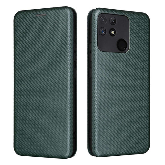 Carbon Fiber Texture Phone Case for Realme Narzo 50A PU Leather Anti-Drop Case Magnetic Closure Stand Cover with Card Holder - Green