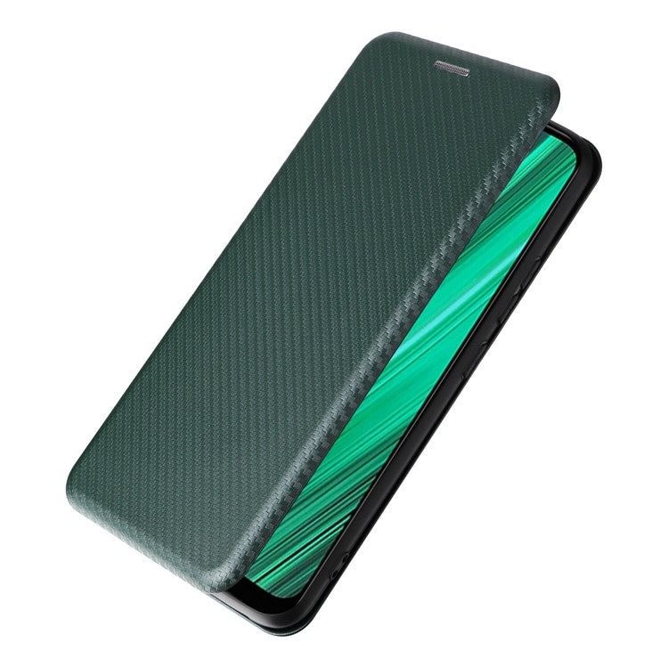 Carbon Fiber Texture Phone Case for Realme Narzo 50A PU Leather Anti-Drop Case Magnetic Closure Stand Cover with Card Holder - Green