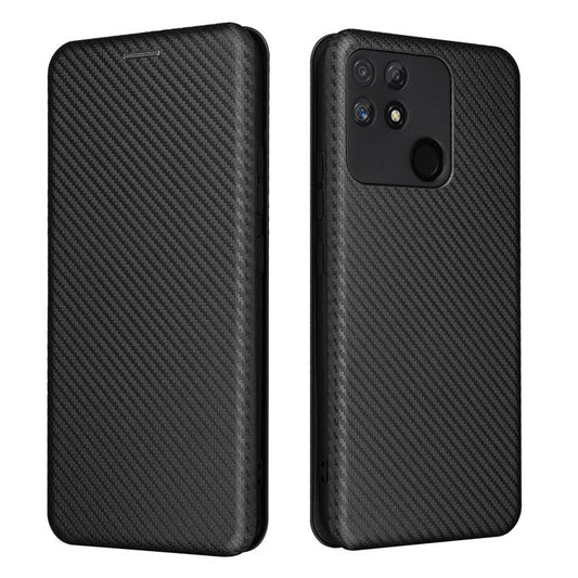 Carbon Fiber Texture Phone Case for Realme Narzo 50A PU Leather Anti-Drop Case Magnetic Closure Stand Cover with Card Holder - Black