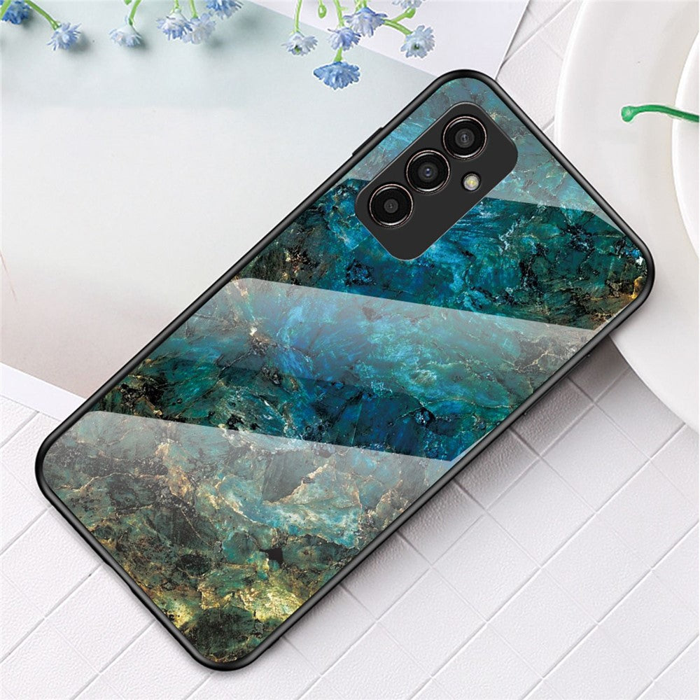 For Samsung Galaxy M13 4G Marble Pattern Phone Shell Tempered Glass + PC + TPU Hybrid Protective Cover - Emerald Marble
