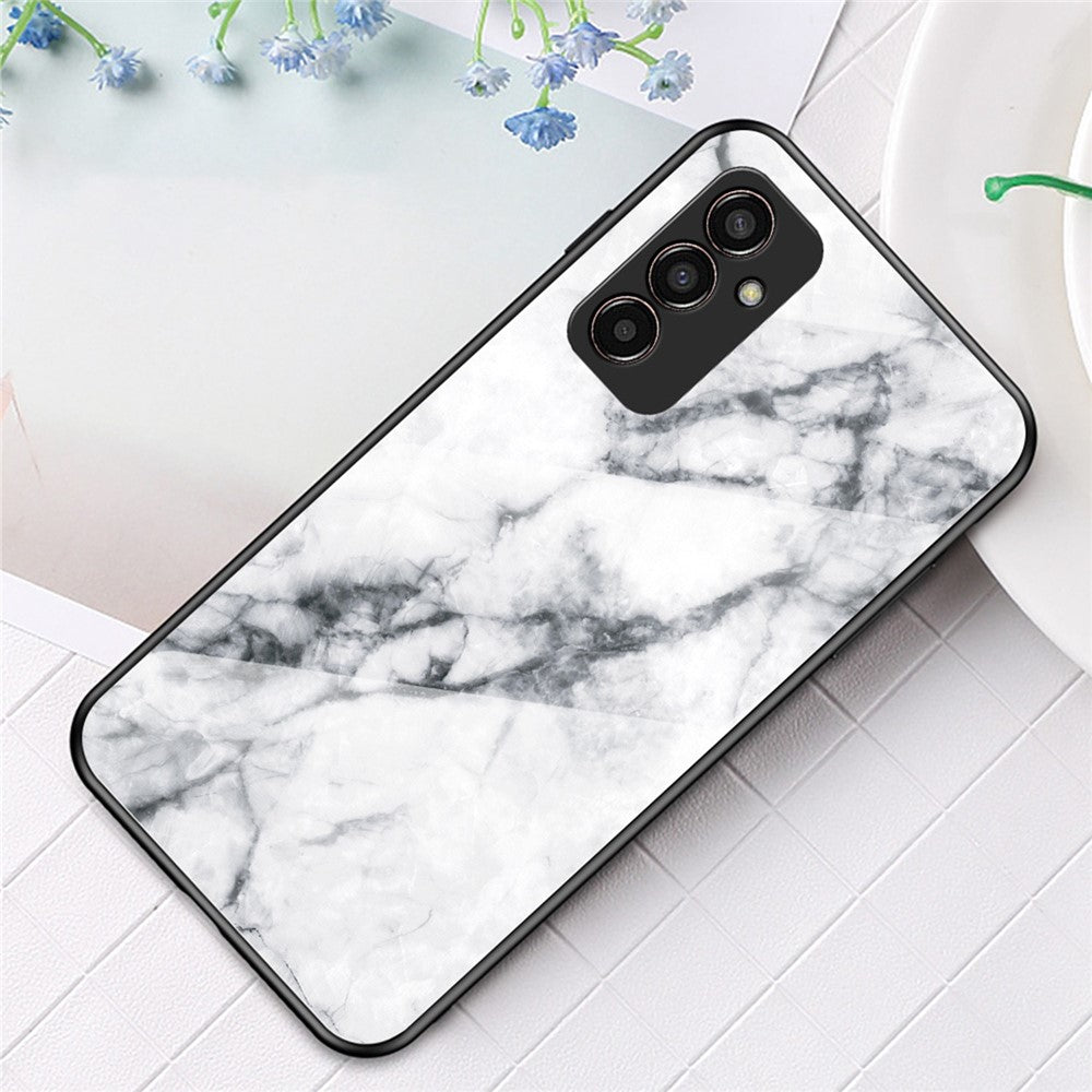 For Samsung Galaxy M13 4G Marble Pattern Phone Shell Tempered Glass + PC + TPU Hybrid Protective Cover - White Marble