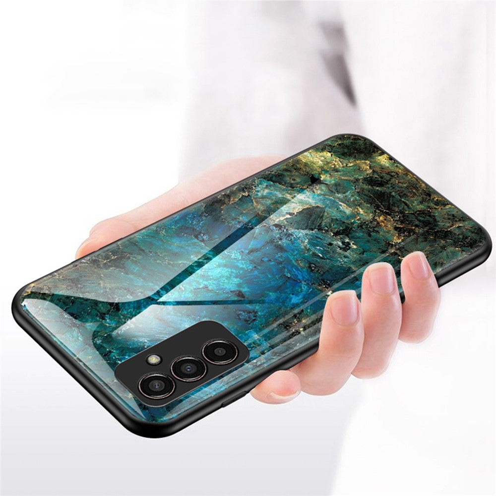 For Samsung Galaxy M13 4G Marble Pattern Phone Shell Tempered Glass + PC + TPU Hybrid Protective Cover - Blood Red Marble