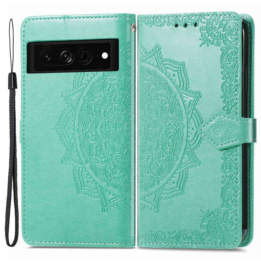 Stand Wallet Leather Case for Google Pixel 7 5G, Embossed Mandala Pattern Full Protection Inner TPU Phone Cover with Strap - Green