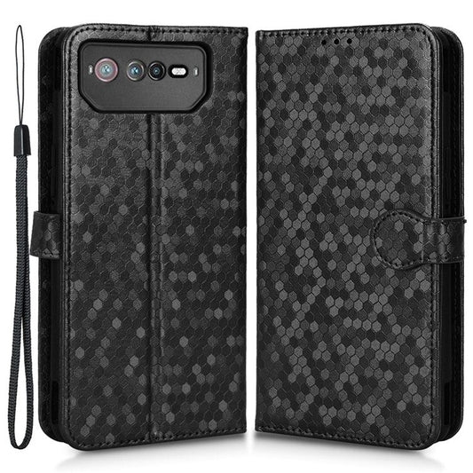 For Asus ROG Phone 6 5G Dot Pattern Imprinted Shockproof Phone Cover PU Leather TPU Case with Stand Wallet - Black