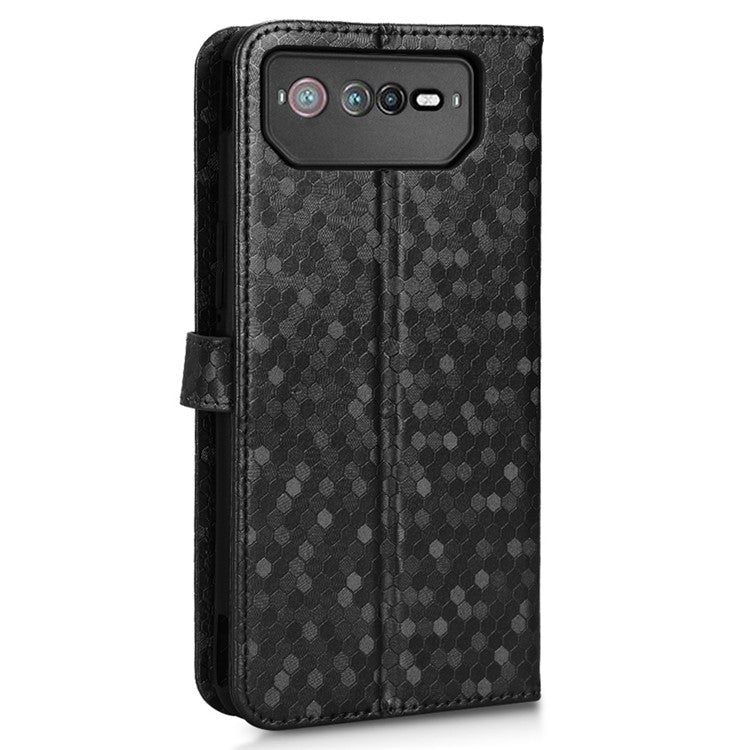 For Asus ROG Phone 6 5G Dot Pattern Imprinted Shockproof Phone Cover PU Leather TPU Case with Stand Wallet - Black