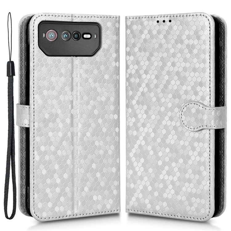 For Asus ROG Phone 6 5G Dot Pattern Imprinted Shockproof Phone Cover PU Leather TPU Case with Stand Wallet - Silver