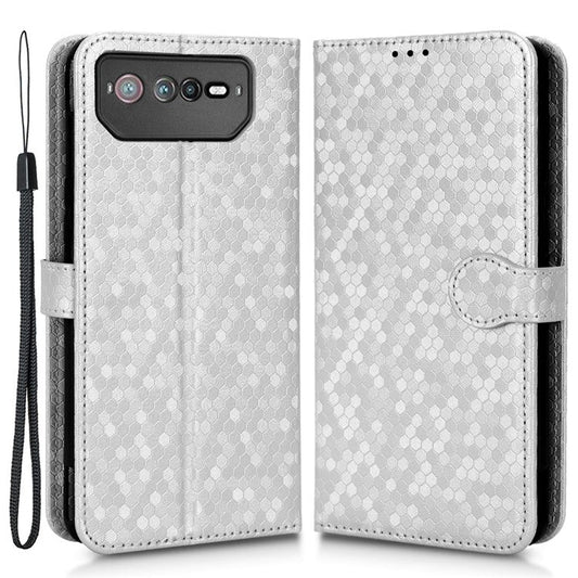 For Asus ROG Phone 6 5G Dot Pattern Imprinted Shockproof Phone Cover PU Leather TPU Case with Stand Wallet - Silver
