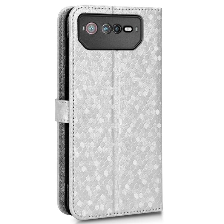 For Asus ROG Phone 6 5G Dot Pattern Imprinted Shockproof Phone Cover PU Leather TPU Case with Stand Wallet - Silver
