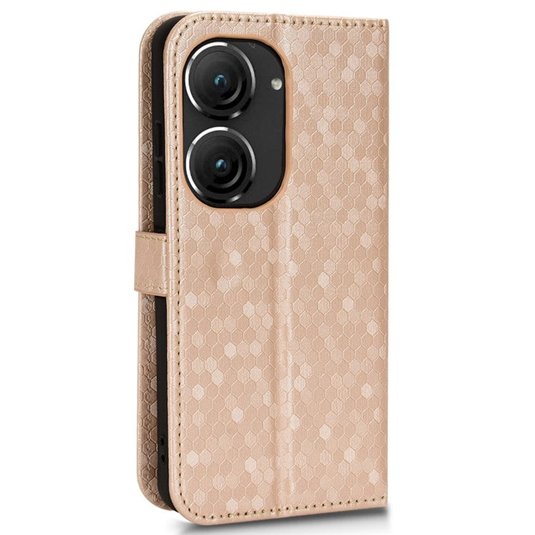 For Asus Zenfone 9 5G Magnetic Clasp Dot Pattern Imprinted PU Leather Stand Case Anti-drop Wallet Phone Cover - Rose Gold