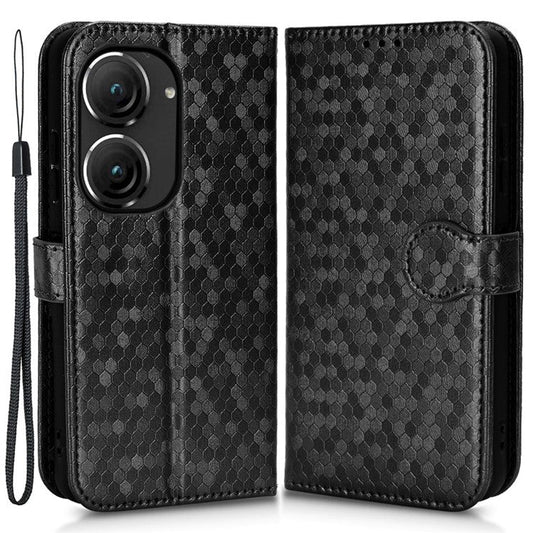 For Asus Zenfone 9 5G Magnetic Clasp Dot Pattern Imprinted PU Leather Stand Case Anti-drop Wallet Phone Cover - Black