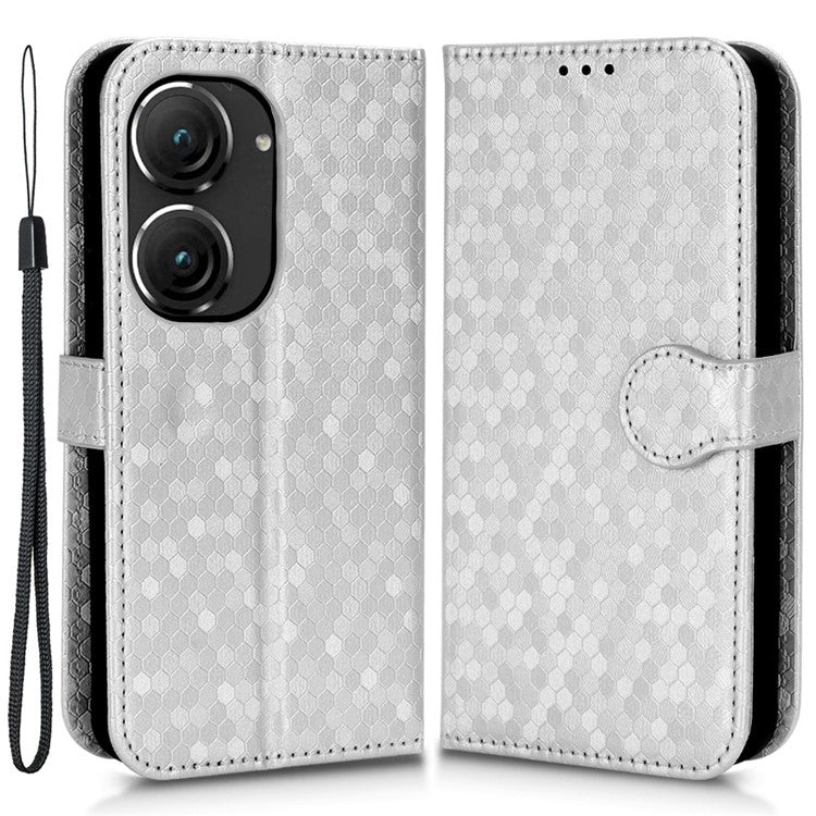 For Asus Zenfone 9 5G Magnetic Clasp Dot Pattern Imprinted PU Leather Stand Case Anti-drop Wallet Phone Cover - Silver