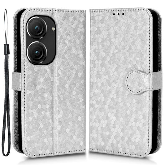 For Asus Zenfone 9 5G Magnetic Clasp Dot Pattern Imprinted PU Leather Stand Case Anti-drop Wallet Phone Cover - Silver