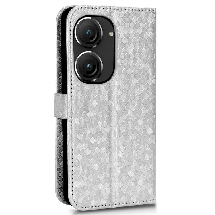 For Asus Zenfone 9 5G Magnetic Clasp Dot Pattern Imprinted PU Leather Stand Case Anti-drop Wallet Phone Cover - Silver