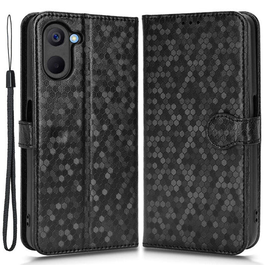 For Realme V20 5G Dot Pattern Imprinted Phone Cover PU Leather TPU Stand Wallet Full Protection Case - Black