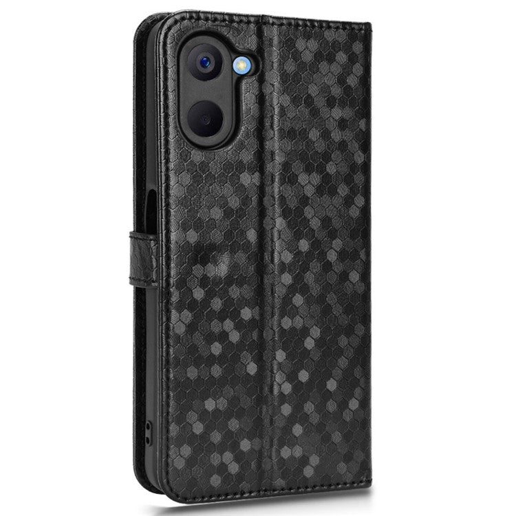 For Realme V20 5G Dot Pattern Imprinted Phone Cover PU Leather TPU Stand Wallet Full Protection Case - Black