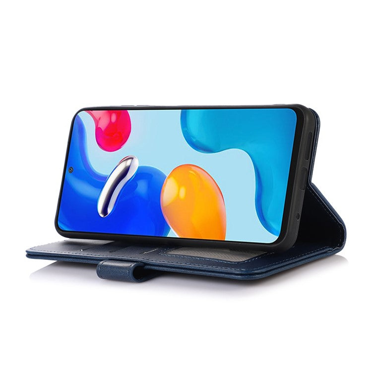 For OnePlus 10T 5G / Ace Pro 5G Anti-collision Magnetic Clasp Cowhide Textured Phone Wallet Case PU Leather Flip Cover Viewing Stand - Blue