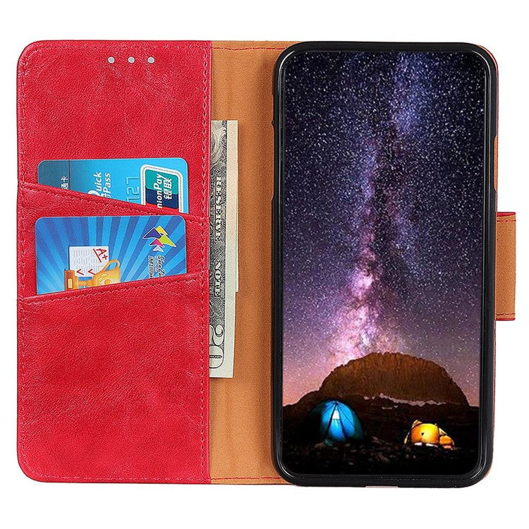 For OnePlus 10T 5G / Ace Pro 5G Split Leather Mobile Phone Cover Supporting Stand Smartphone Case Crazy Horse Texture Wallet Cellphone Shell - Red