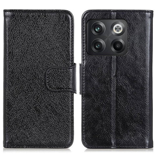 For OnePlus 10T 5G / Ace Pro 5G Anti-scratch Split Leather Flip Case Nappa Texture Magnetic Closure Phone Wallet Cover with Stand - Black