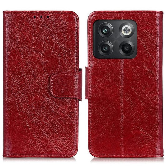 For OnePlus 10T 5G / Ace Pro 5G Anti-scratch Split Leather Flip Case Nappa Texture Magnetic Closure Phone Wallet Cover with Stand - Red