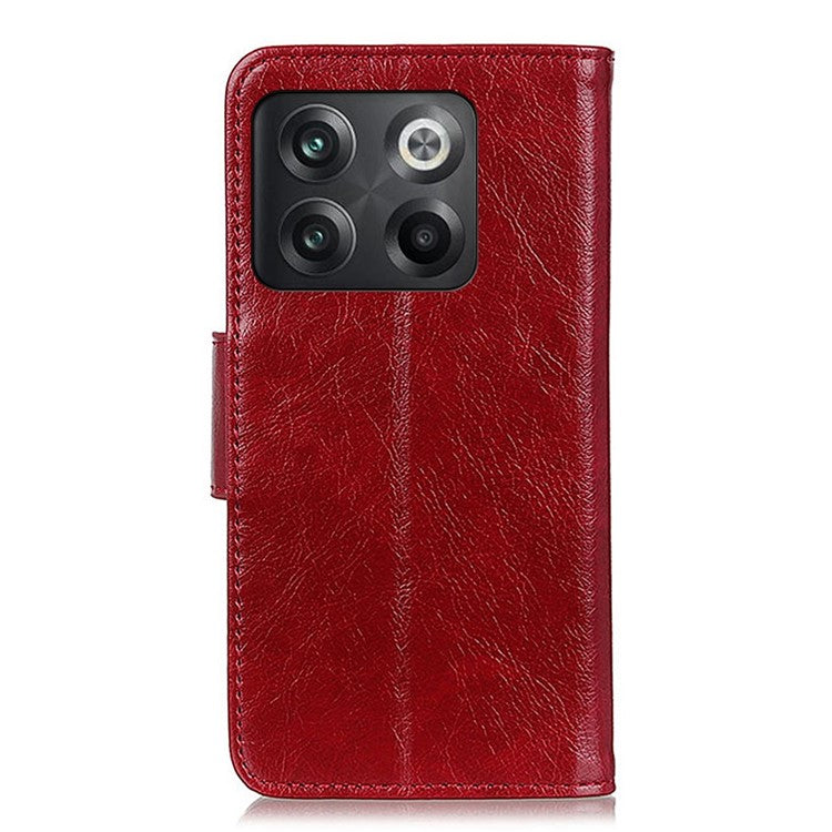 For OnePlus 10T 5G / Ace Pro 5G Anti-scratch Split Leather Flip Case Nappa Texture Magnetic Closure Phone Wallet Cover with Stand - Red