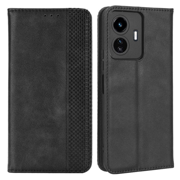 For vivo Y77 5G / Y77e 5G Vintage Texture Magnetic Auto-absorbed PU Leather Case Wallet Stand Phone Cover - Black