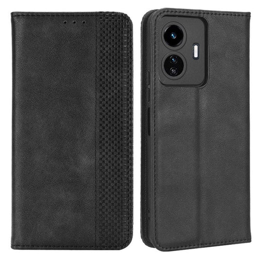 For vivo Y77 5G / Y77e 5G Vintage Texture Magnetic Auto-absorbed PU Leather Case Wallet Stand Phone Cover - Black