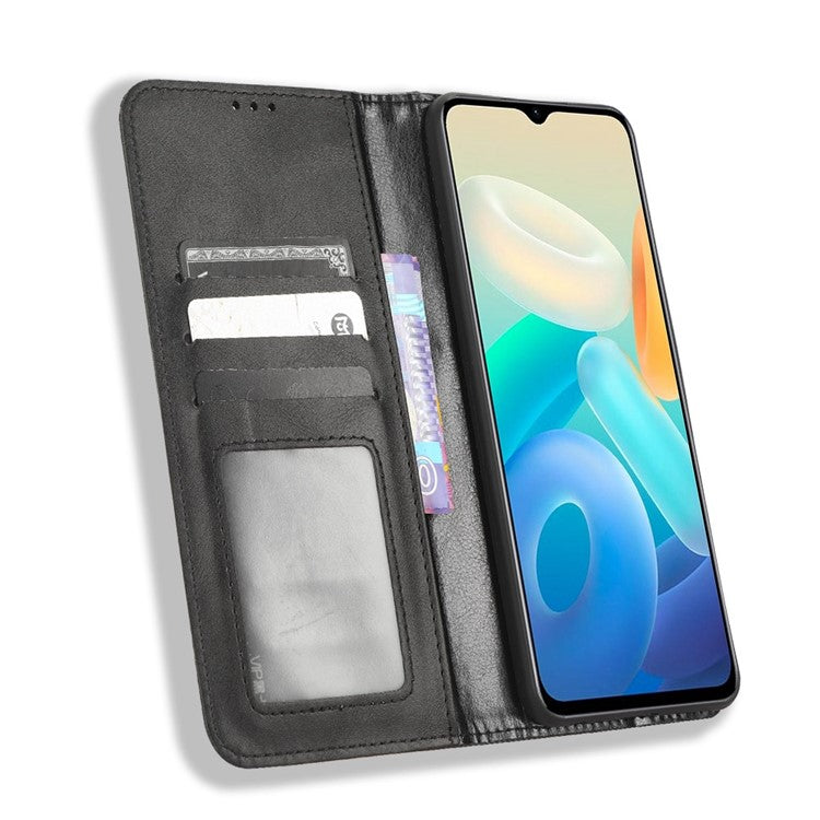 For vivo Y77 5G / Y77e 5G Vintage Texture Magnetic Auto-absorbed PU Leather Case Wallet Stand Phone Cover - Black