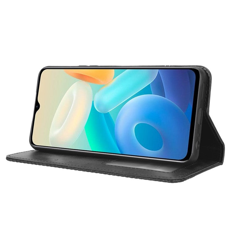For vivo Y77 5G / Y77e 5G Vintage Texture Magnetic Auto-absorbed PU Leather Case Wallet Stand Phone Cover - Black