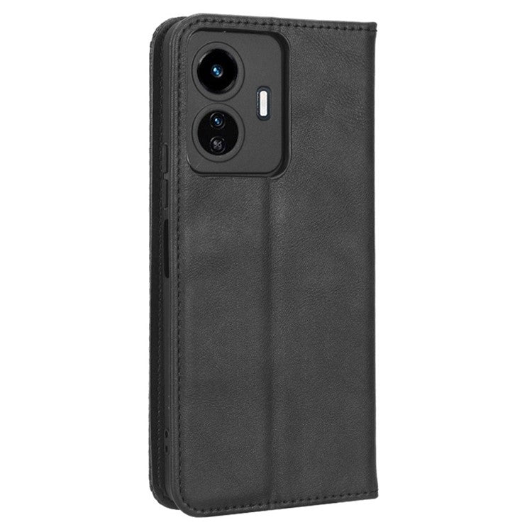 For vivo Y77 5G / Y77e 5G Vintage Texture Magnetic Auto-absorbed PU Leather Case Wallet Stand Phone Cover - Black