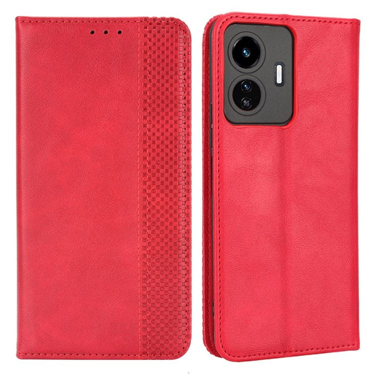 For vivo Y77 5G / Y77e 5G Vintage Texture Magnetic Auto-absorbed PU Leather Case Wallet Stand Phone Cover - Red