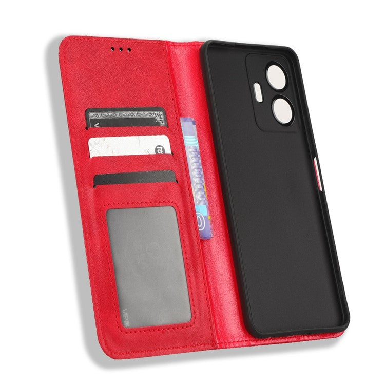 For vivo Y77 5G / Y77e 5G Vintage Texture Magnetic Auto-absorbed PU Leather Case Wallet Stand Phone Cover - Red