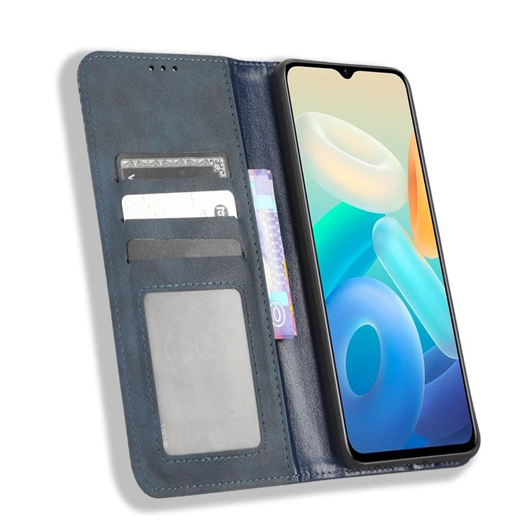 For vivo Y77 5G / Y77e 5G Vintage Texture Magnetic Auto-absorbed PU Leather Case Wallet Stand Phone Cover - Blue