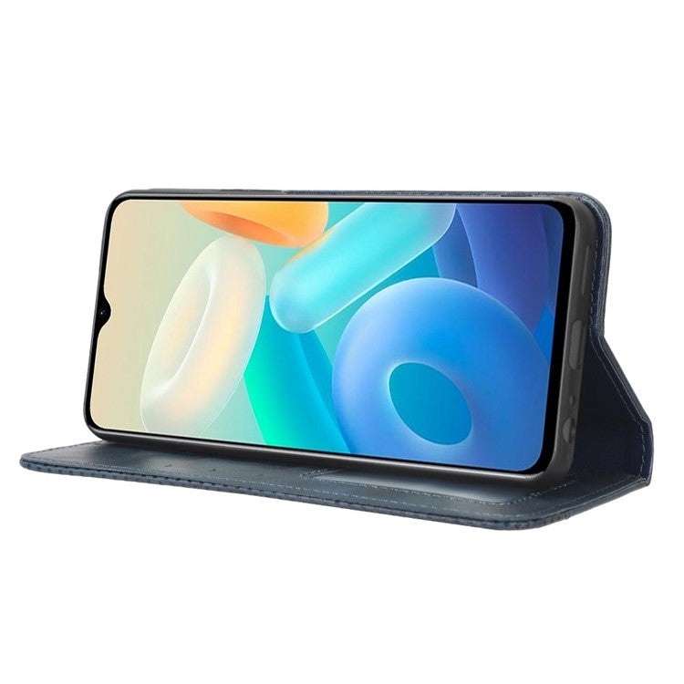For vivo Y77 5G / Y77e 5G Vintage Texture Magnetic Auto-absorbed PU Leather Case Wallet Stand Phone Cover - Blue