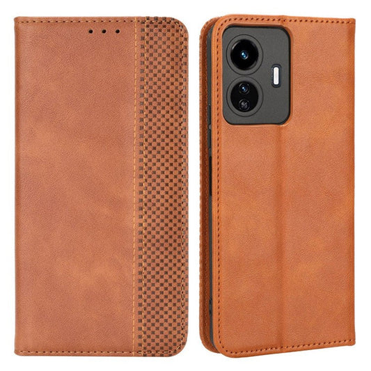 For vivo Y77 5G / Y77e 5G Vintage Texture Magnetic Auto-absorbed PU Leather Case Wallet Stand Phone Cover - Brown