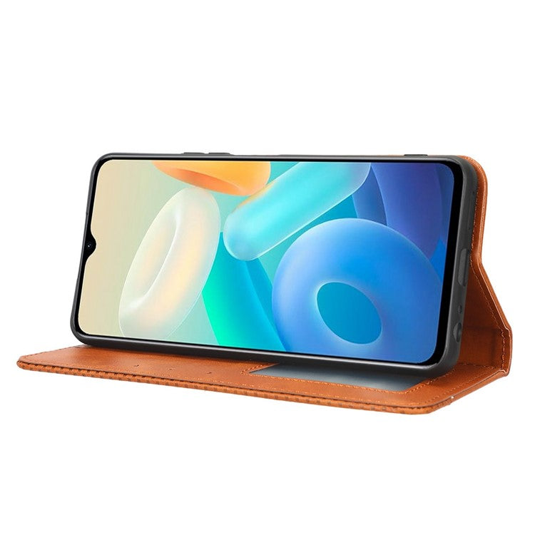 For vivo Y77 5G / Y77e 5G Vintage Texture Magnetic Auto-absorbed PU Leather Case Wallet Stand Phone Cover - Brown