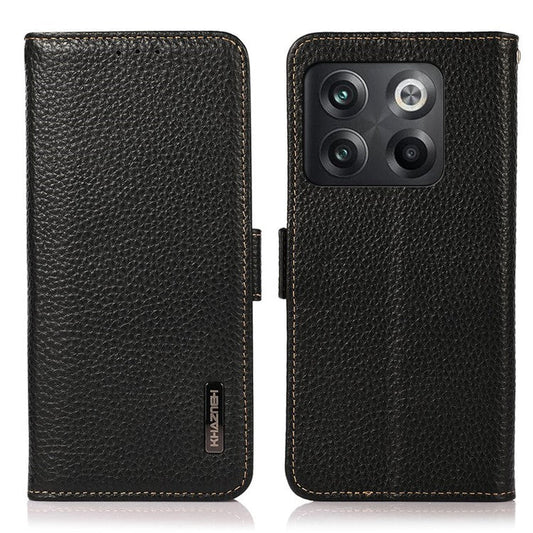KHAZNEH for OnePlus 10T 5G / Ace Pro 5G RFID Blocking Wallet Flip Cell Phone Case Litchi Texture Genuine Leather Stand Magnetic Drop-proof Cover - Black