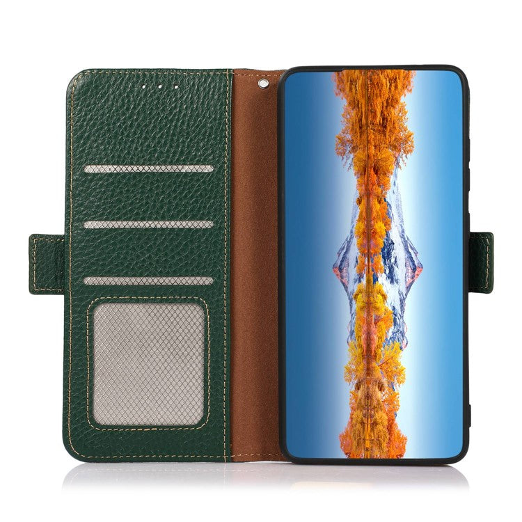 KHAZNEH for OnePlus 10T 5G / Ace Pro 5G RFID Blocking Wallet Flip Cell Phone Case Litchi Texture Genuine Leather Stand Magnetic Drop-proof Cover - Green