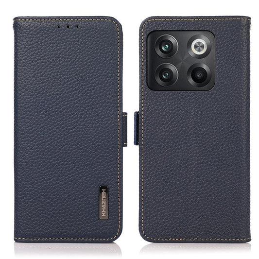 KHAZNEH for OnePlus 10T 5G / Ace Pro 5G RFID Blocking Wallet Flip Cell Phone Case Litchi Texture Genuine Leather Stand Magnetic Drop-proof Cover - Blue