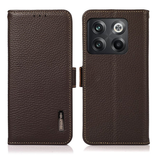 KHAZNEH for OnePlus 10T 5G / Ace Pro 5G RFID Blocking Wallet Flip Cell Phone Case Litchi Texture Genuine Leather Stand Magnetic Drop-proof Cover - Brown