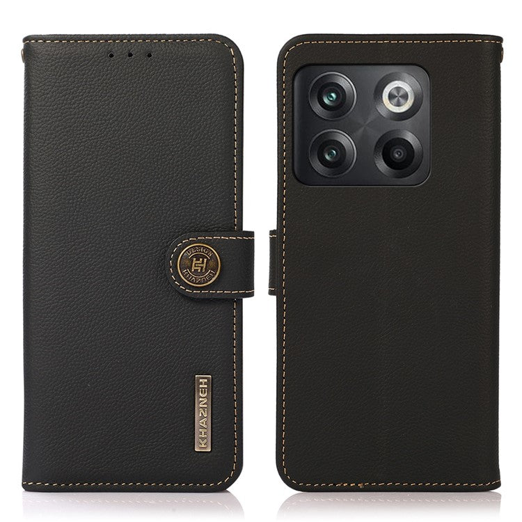KHAZNEH For OnePlus 10T 5G / Ace Pro 5G Anti-wear Magnetic Wallet Mobile Phone Case RFID Blocking Genuine Leather+TPU Stand Shell - Black