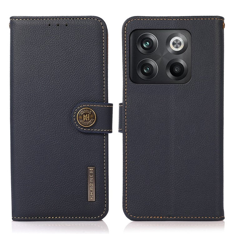 KHAZNEH For OnePlus 10T 5G / Ace Pro 5G Anti-wear Magnetic Wallet Mobile Phone Case RFID Blocking Genuine Leather+TPU Stand Shell - Blue