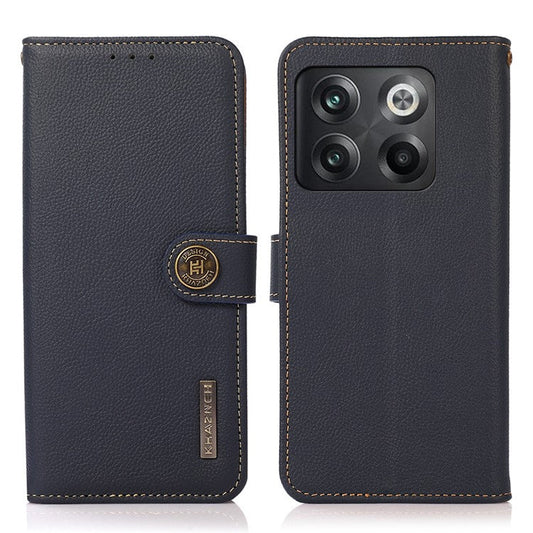 KHAZNEH For OnePlus 10T 5G / Ace Pro 5G Anti-wear Magnetic Wallet Mobile Phone Case RFID Blocking Genuine Leather+TPU Stand Shell - Blue