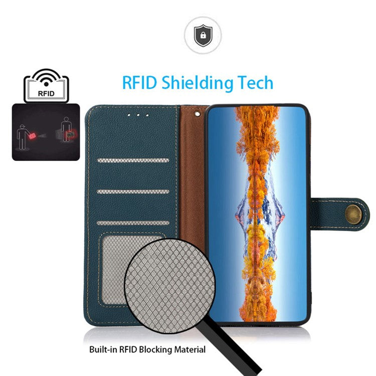 KHAZNEH For OnePlus 10T 5G / Ace Pro 5G Anti-wear Magnetic Wallet Mobile Phone Case RFID Blocking Genuine Leather+TPU Stand Shell - Green