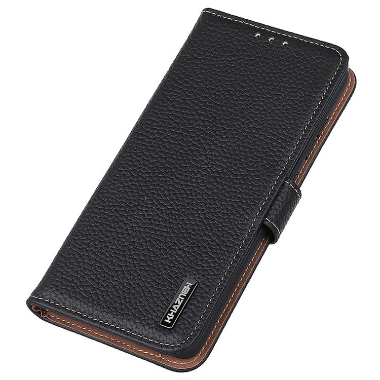 KHAZNEH for OnePlus 10T 5G / Ace Pro 5G Wallet Flip Cover Litchi Texture Genuine Leather Stand Feature Anti-wear Phone Case - Black