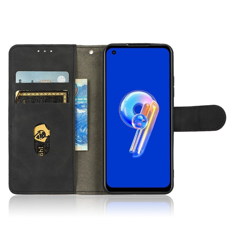 For Asus Zenfone 9 5G Skin-Touch Feeling Phone Wallet Stand Case PU Leather Magnetic Clasp Shockproof Cover - Black