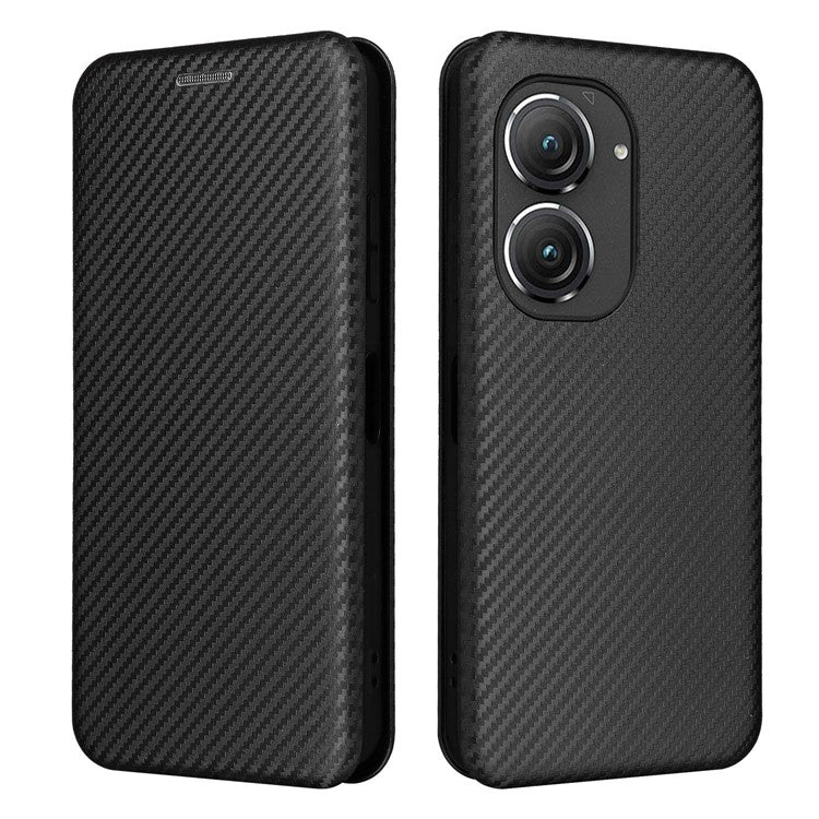 For Asus Zenfone 9 5G PU Leather Carbon Fiber Texture Phone Stand Case Card Slot Design Auto-absorbed Magnetic Protective Cover - Black