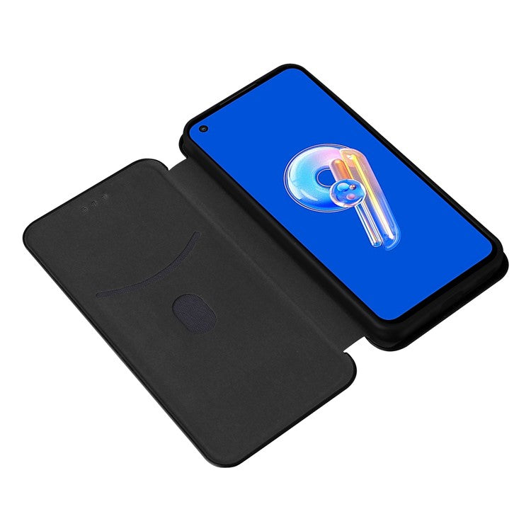 For Asus Zenfone 9 5G PU Leather Carbon Fiber Texture Phone Stand Case Card Slot Design Auto-absorbed Magnetic Protective Cover - Black