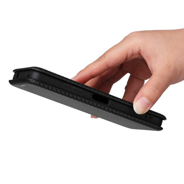 For Asus Zenfone 9 5G PU Leather Carbon Fiber Texture Phone Stand Case Card Slot Design Auto-absorbed Magnetic Protective Cover - Black