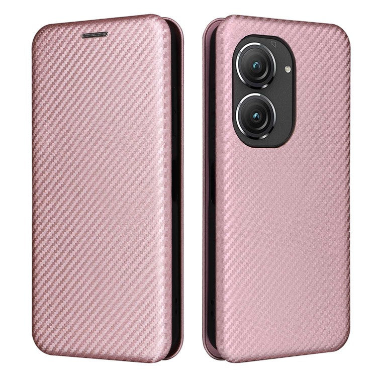 For Asus Zenfone 9 5G PU Leather Carbon Fiber Texture Phone Stand Case Card Slot Design Auto-absorbed Magnetic Protective Cover - Rose Gold