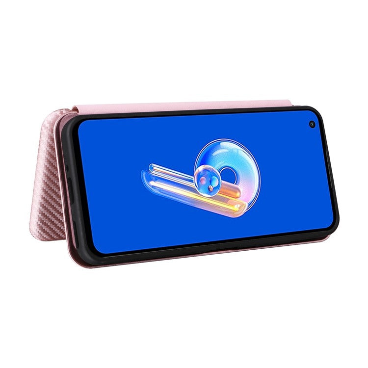 For Asus Zenfone 9 5G PU Leather Carbon Fiber Texture Phone Stand Case Card Slot Design Auto-absorbed Magnetic Protective Cover - Rose Gold